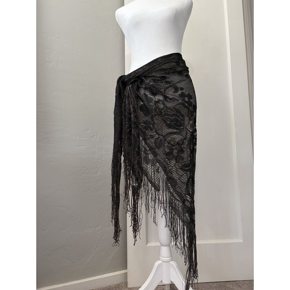 Vintage Ben Goodman Black Gold Metallic Lace Fringe Triangle Shawl Wrap FLAW - Picture 5 of 8